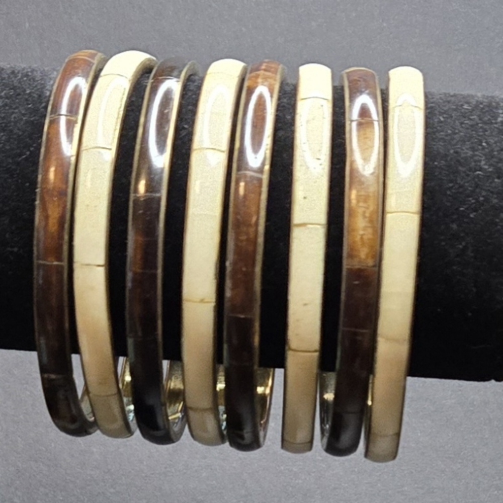 Bone Inlay Bangles - on Brass 2.5" Diameter Set of 8 Vintage